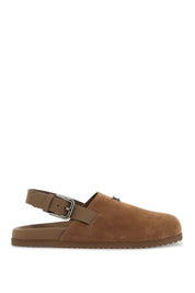 Dolce & Gabbana Suede Leather Clogs With Logo Plate   Brown