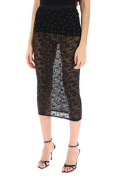 Alessandra Rich Midi Skirt In Lace With Rhinestones   Black