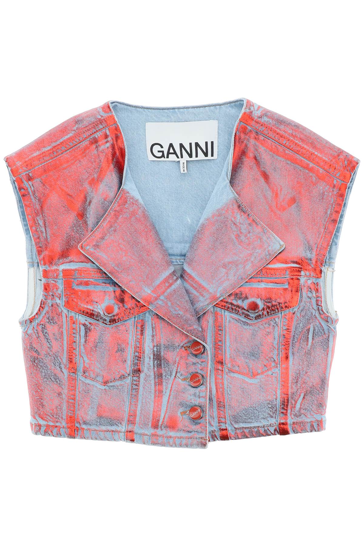 Ganni Cropped Vest In Laminated Denim   Blue