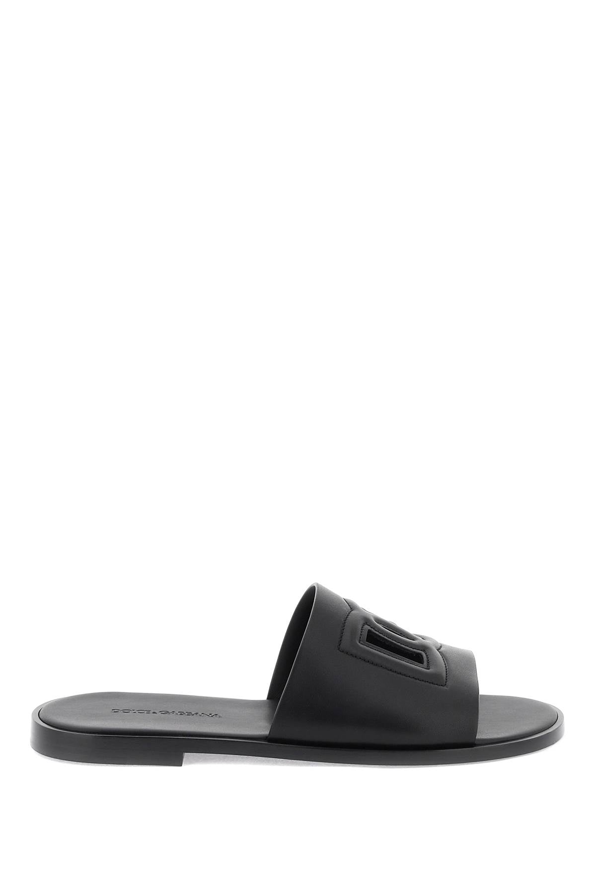 Dolce & Gabbana Leather Slides With Dg Cut Out   Black