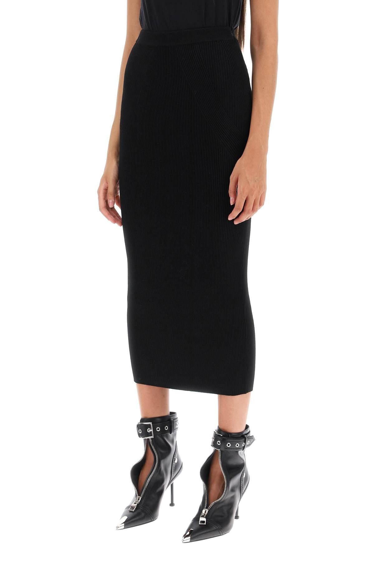 Alexander Mcqueen Ribbed Knit Pencil Skirt   Black