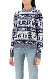 Ganni Jacquard Wool Sweater With Logo Pattern   White