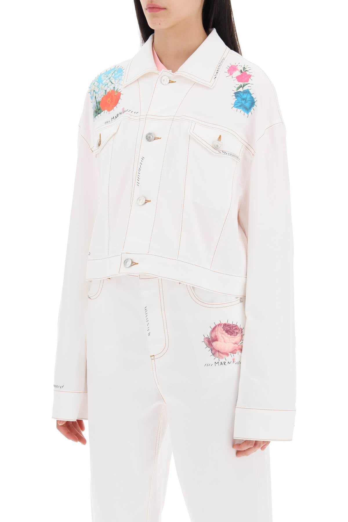 Marni Replace With Double Quotecropped Denim Jacket With Flower Patches And Embroideryreplace With Double Quote   White