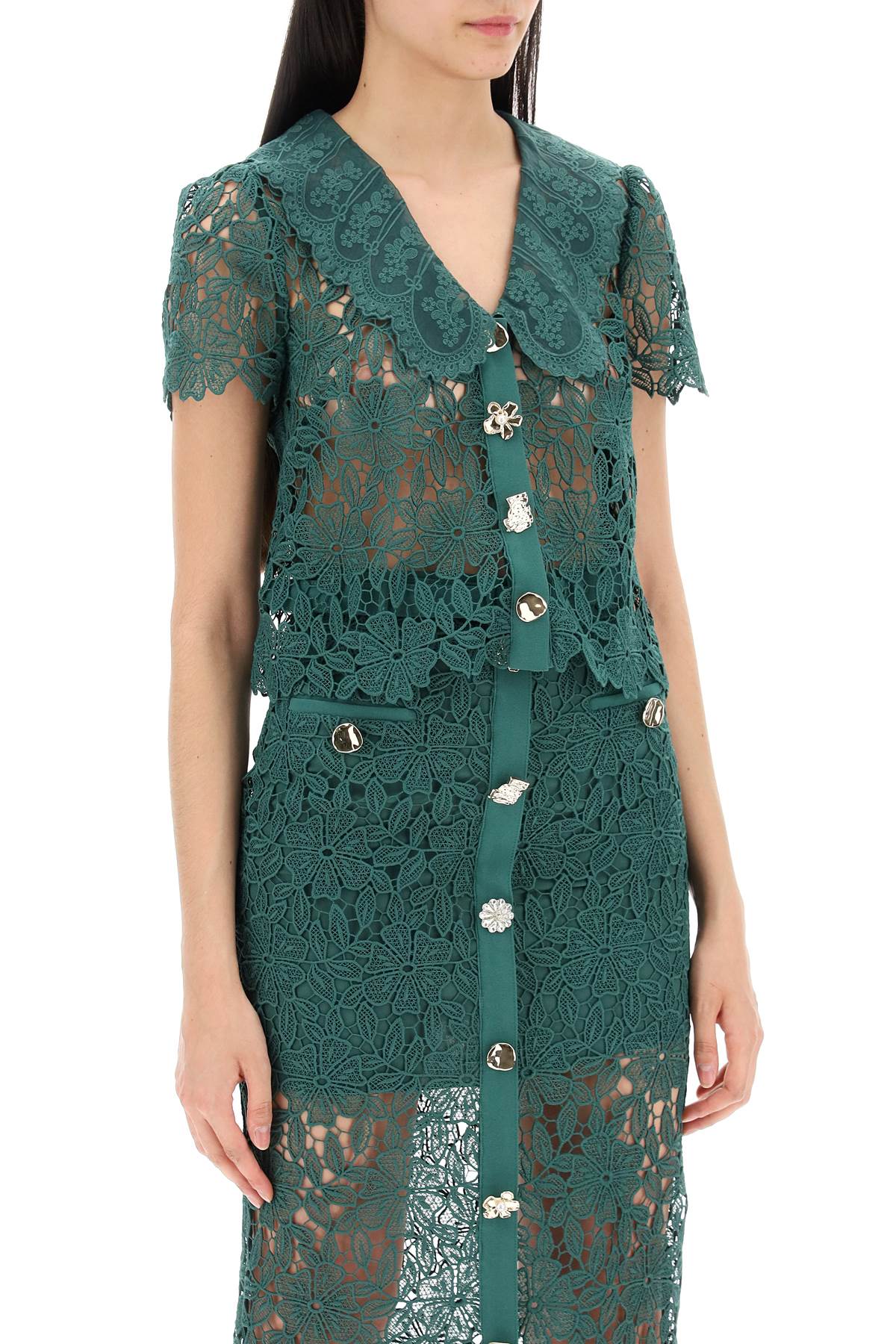 Self Portrait Replace With Double Quotechelsea Lace Guipure Top With Collar   Green