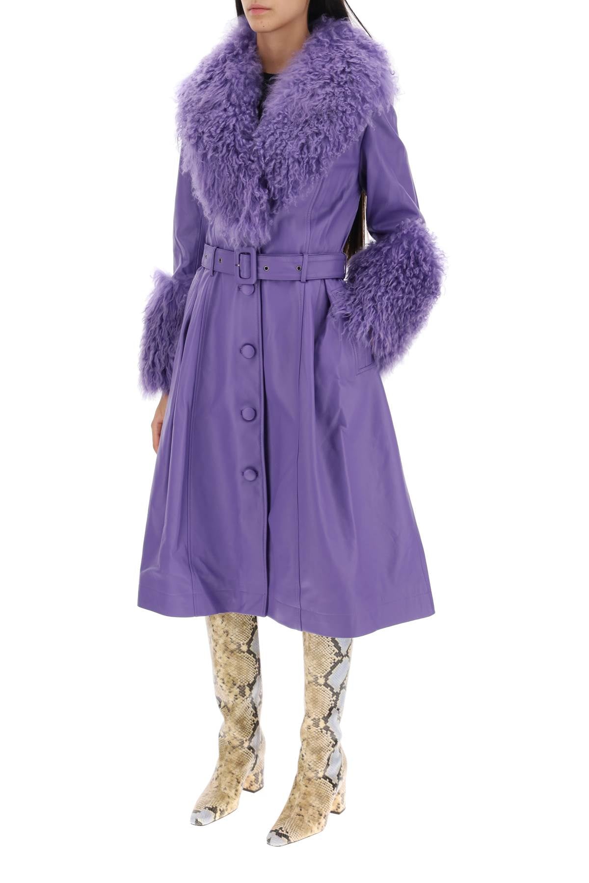 Saks Potts Foxy Leather And Shearling Long Coat   Purple