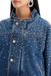 Alessandra Rich Denim Bomber Jacket With Rhin   Blue