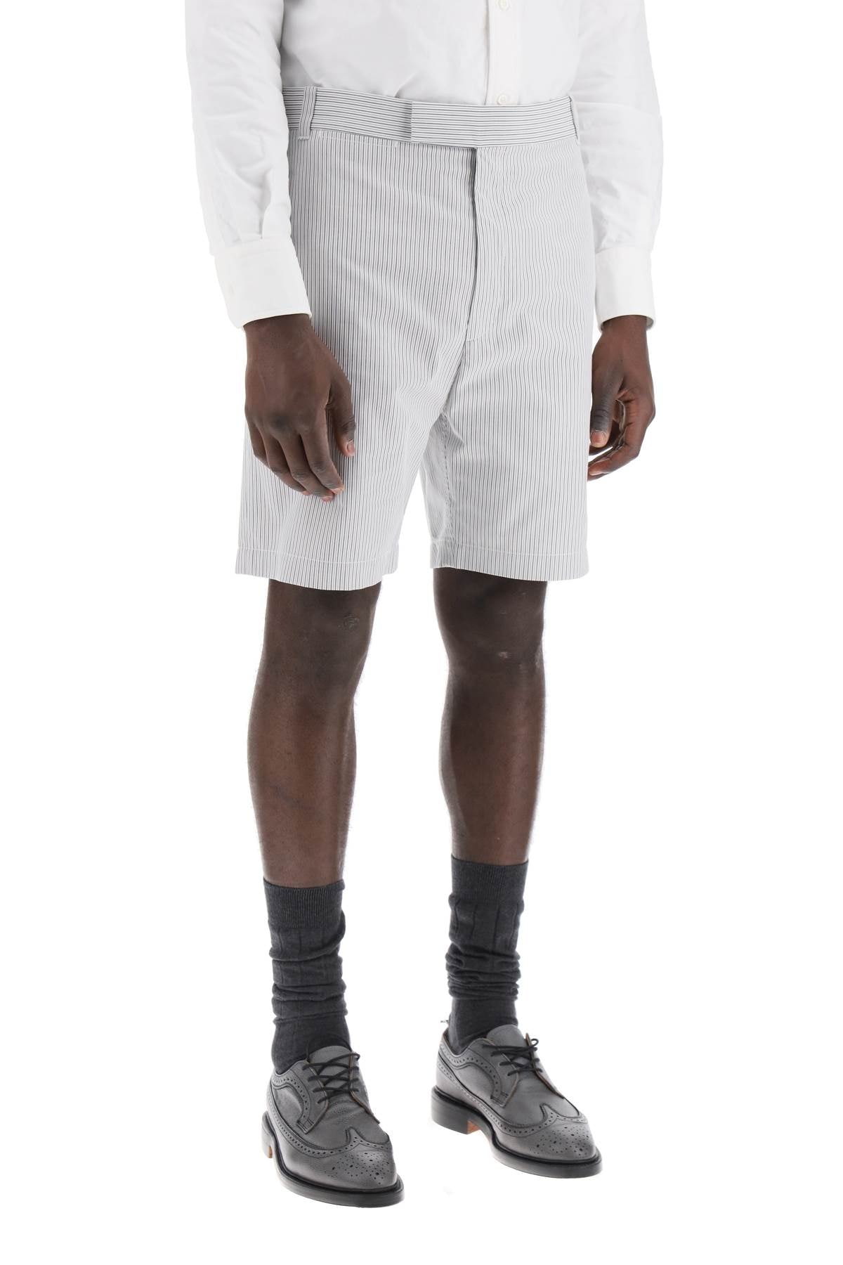 Thom Browne Striped Cotton Bermuda Shorts For Men   Grey