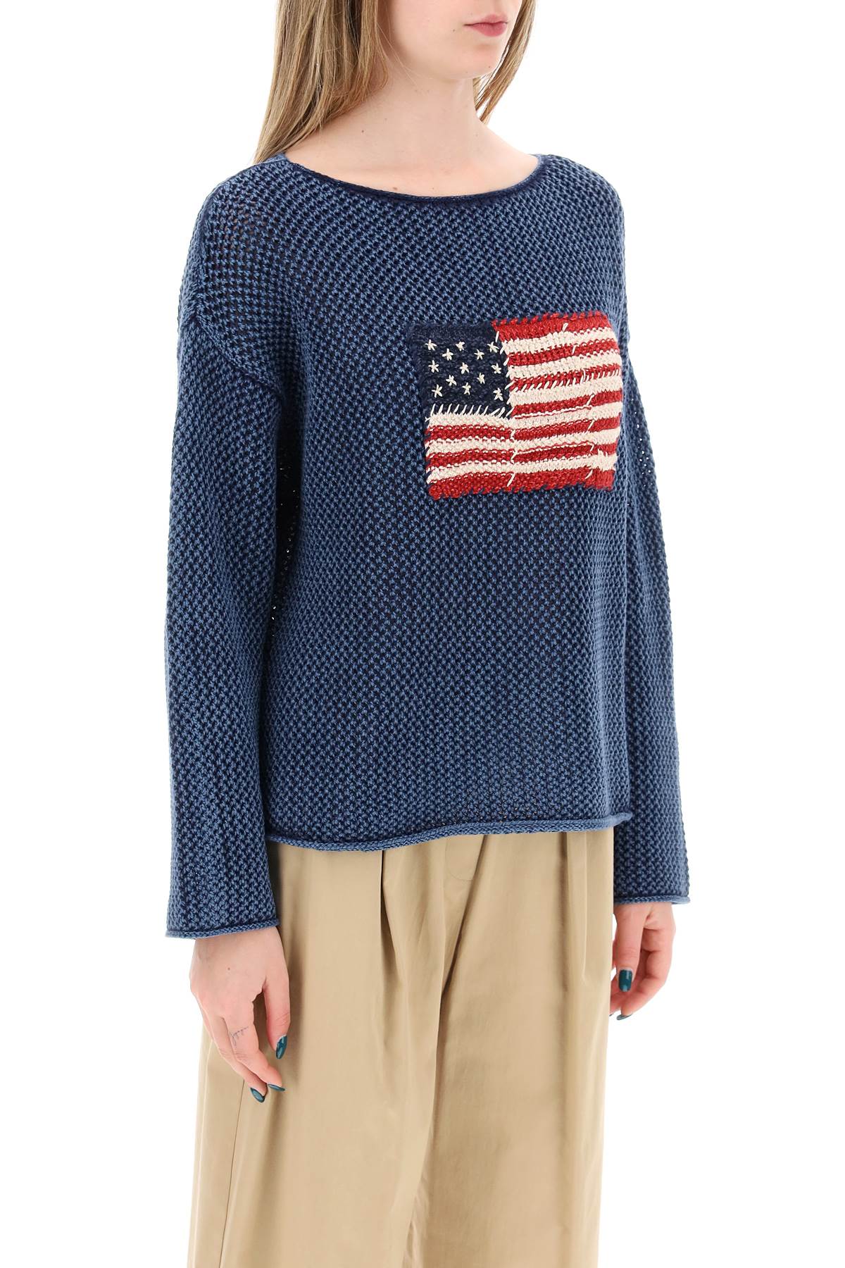 Polo Ralph Lauren Replace With Double Quotepointelle Knit Pullover With Embroidered Flag   Blue