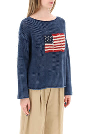 Polo Ralph Lauren Replace With Double Quotepointelle Knit Pullover With Embroidered Flag   Blue