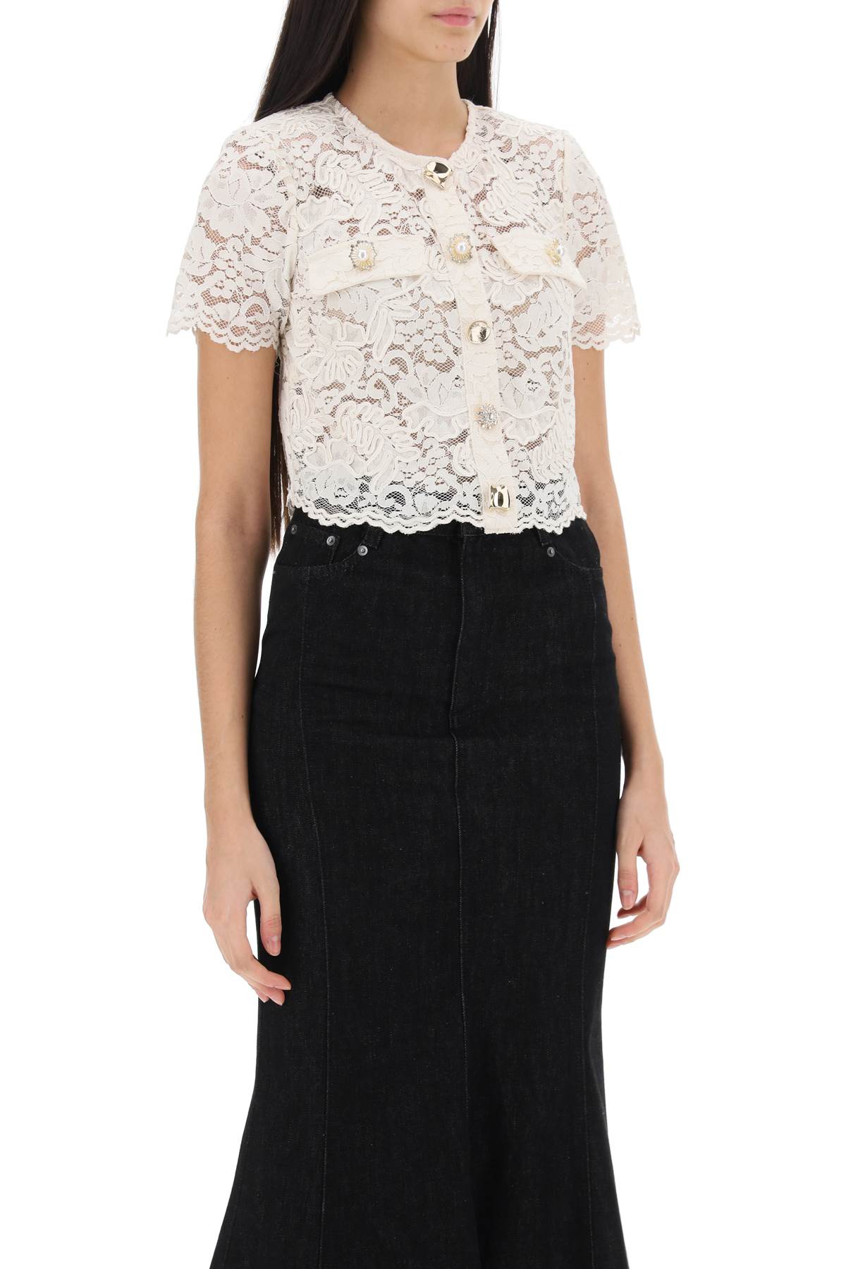 Self Portrait Lace Cropped Top With Diamanté Buttons   White