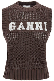 Ganni Open Stitch Knitted Vest With Logo   Brown