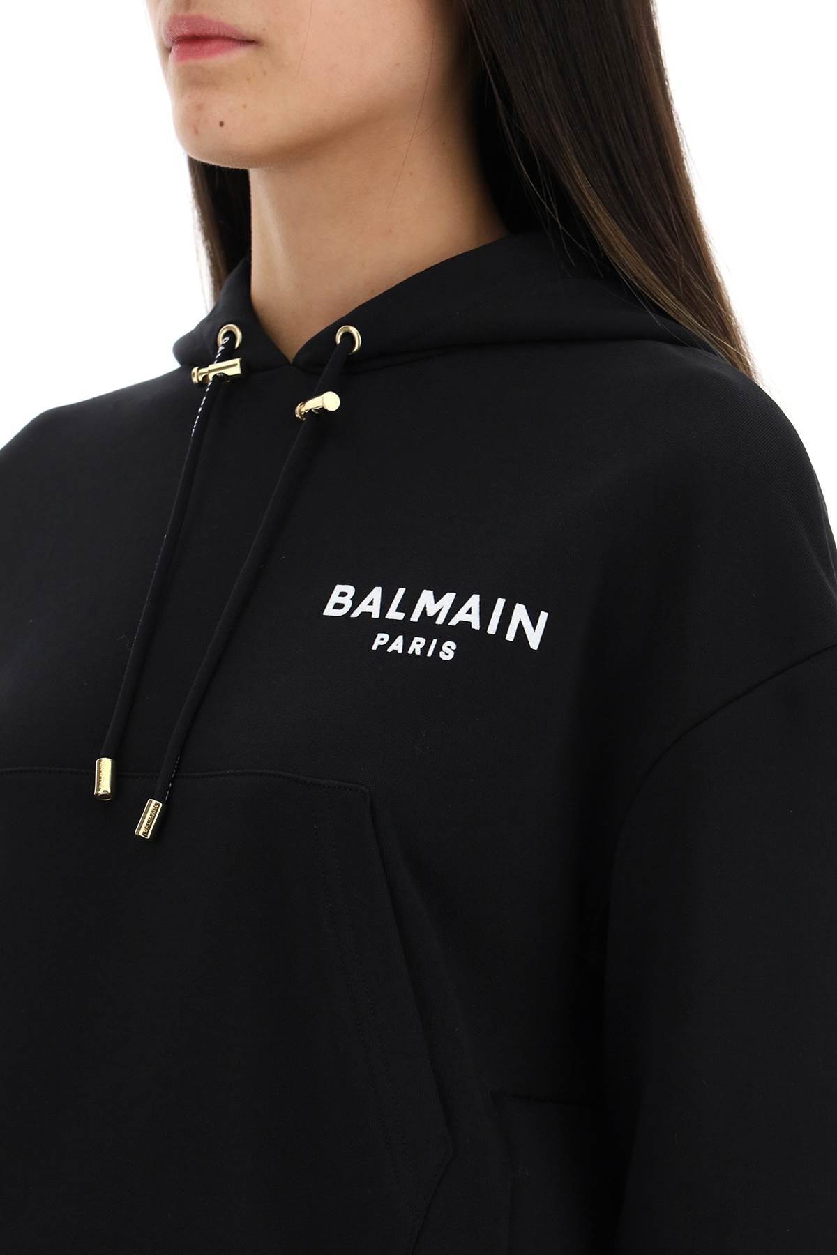 Balmain Cropped Hoodie With Flocked Logo   Black