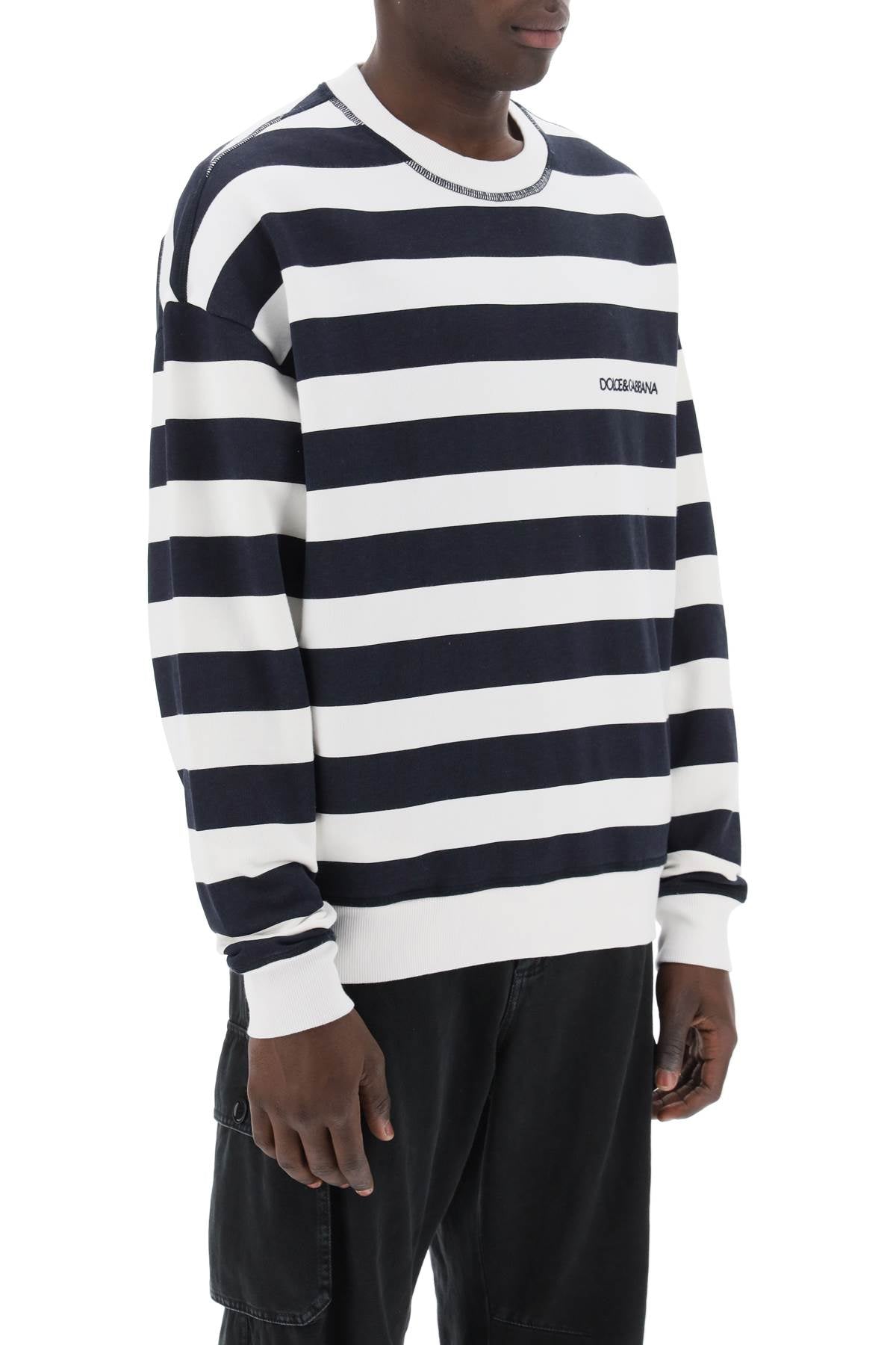 Dolce & Gabbana Striped Sweatshirt With Embroidered Logo   White