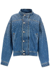 Alessandra Rich Denim Bomber Jacket With Rhin   Blue