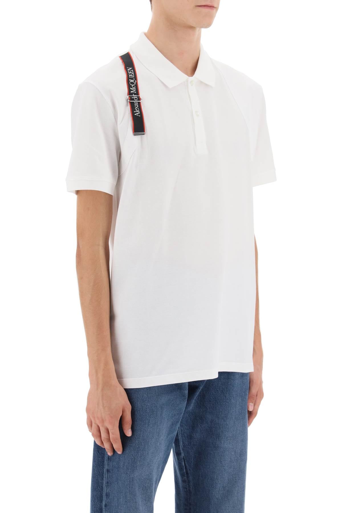 Alexander Mcqueen Harness Polo Shirt In Piqué With Selvedge Logo   White