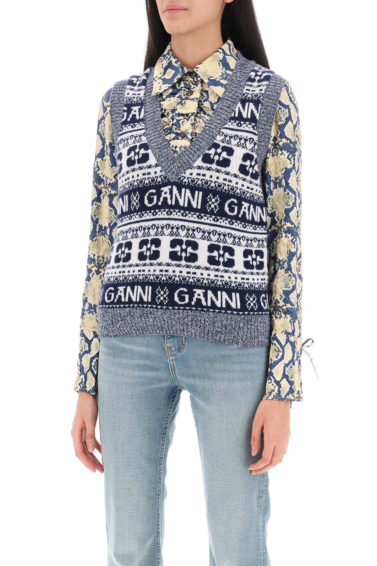 Ganni Jacquard Wool Vest With Logo Pattern   White