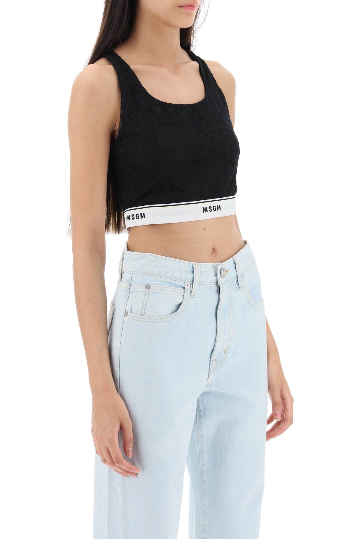 Msgm Sports Bra In Lace With Logoed Band   Black