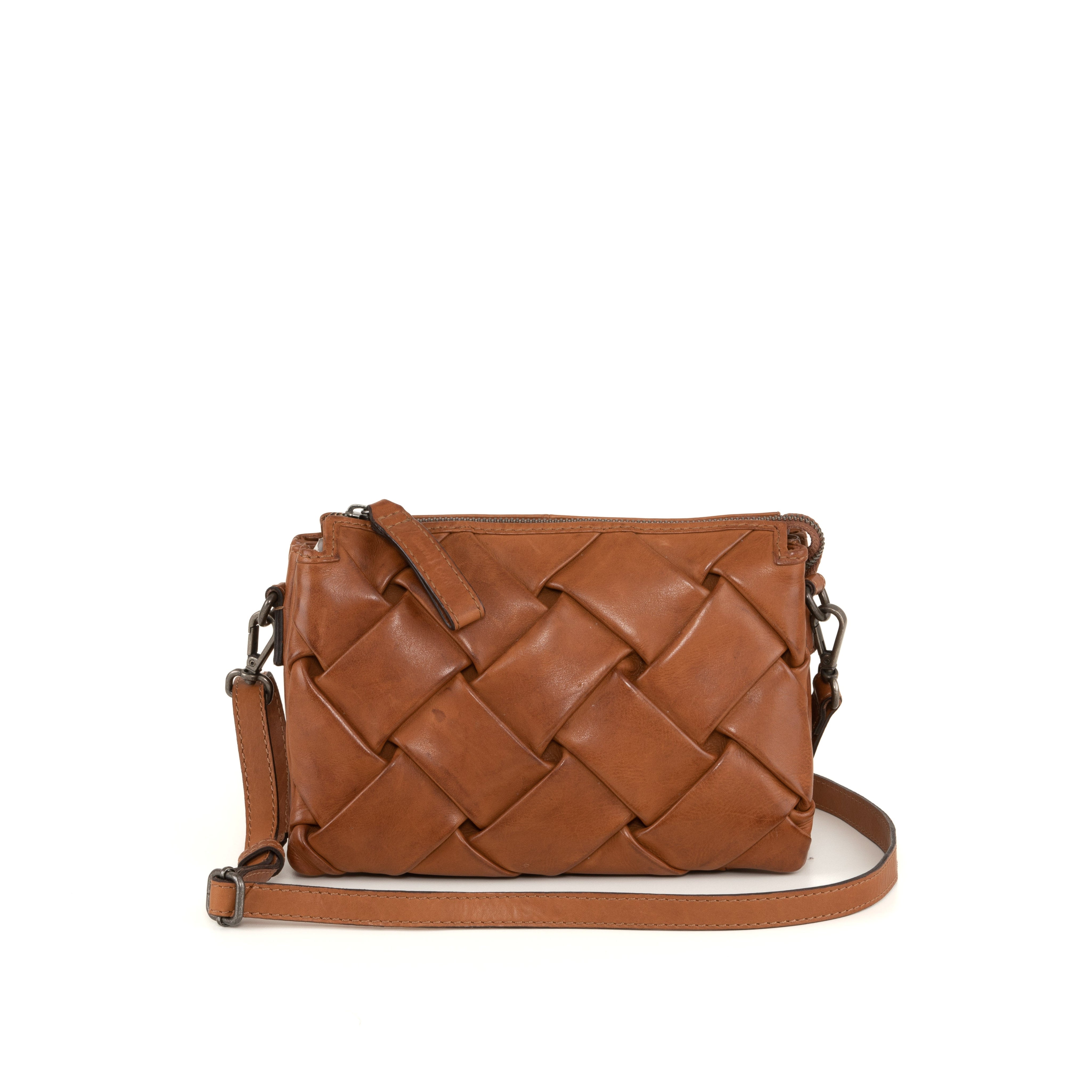 Joanna Cognac Woven Leather Crossbody Bag