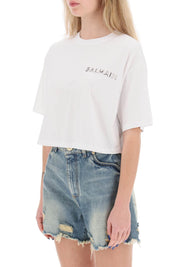 Balmain Cropped T Shirt With Metallic Logo   White