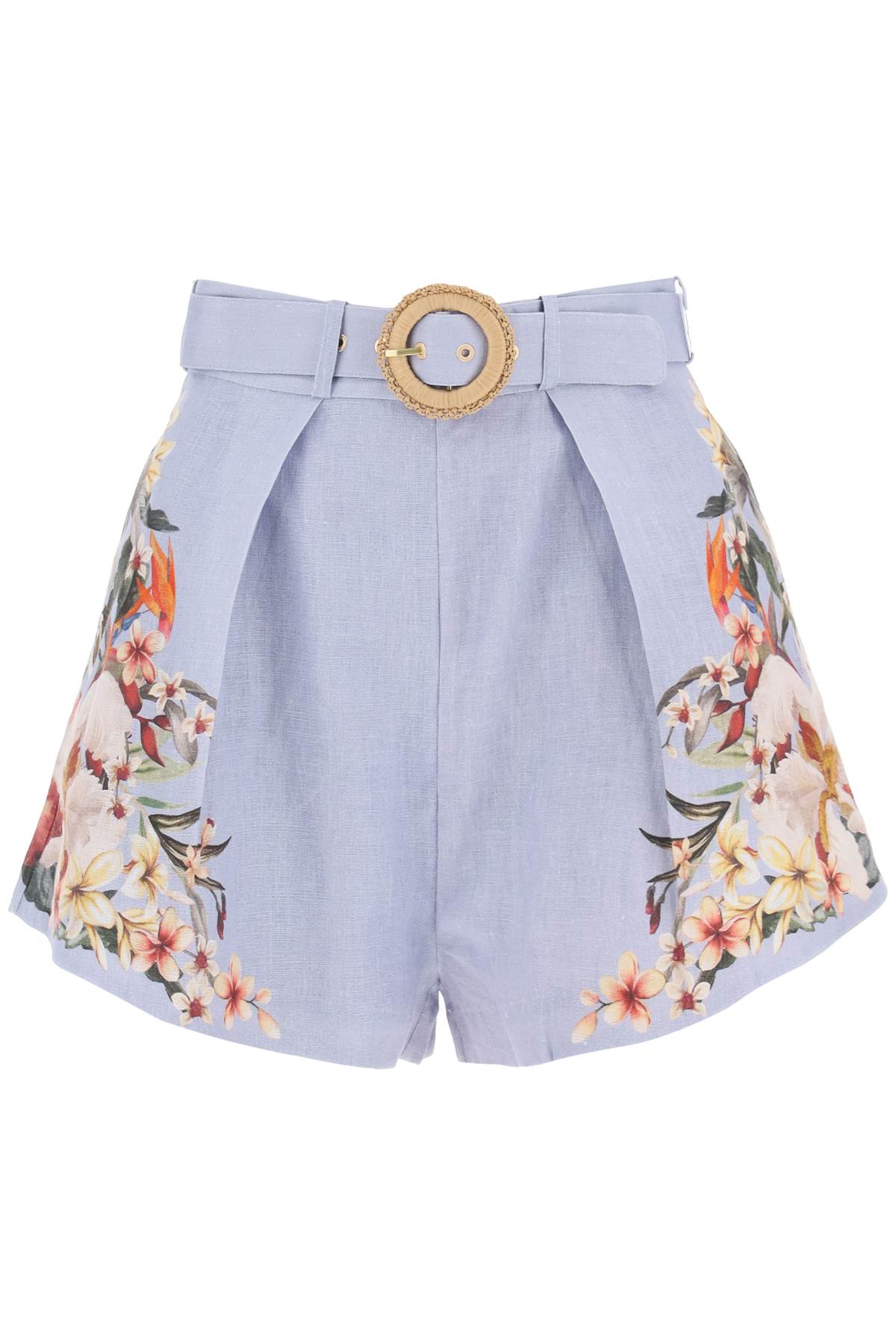 Zimmermann             Lexi Tuck Linen Shorts With Floral Motif   Light Blue