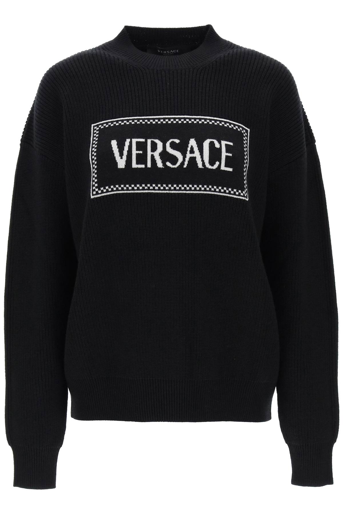 Versace Crew Neck Sweater With Logo Inlay   Black