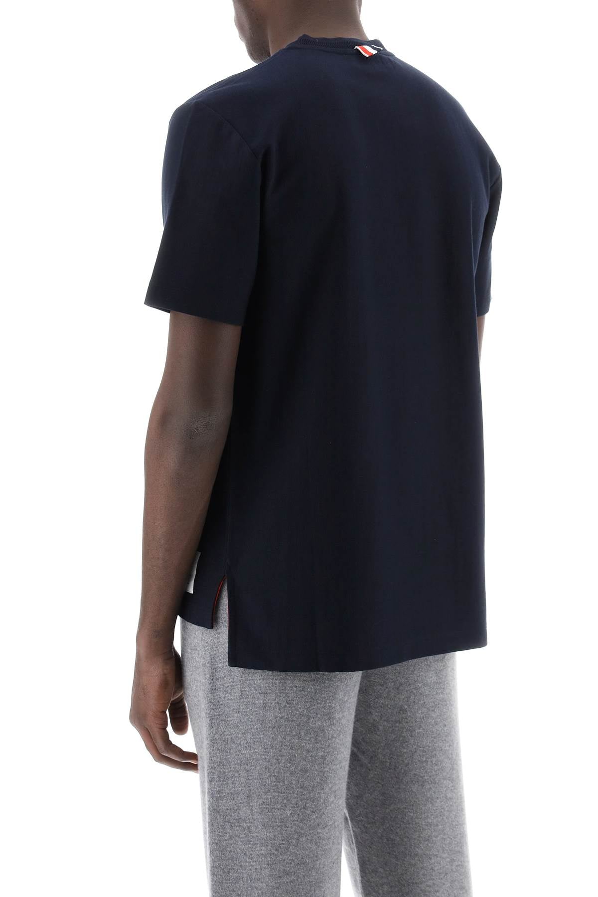 Thom Browne Crewneck T Shirt With Tricolor Intarsia   Blue