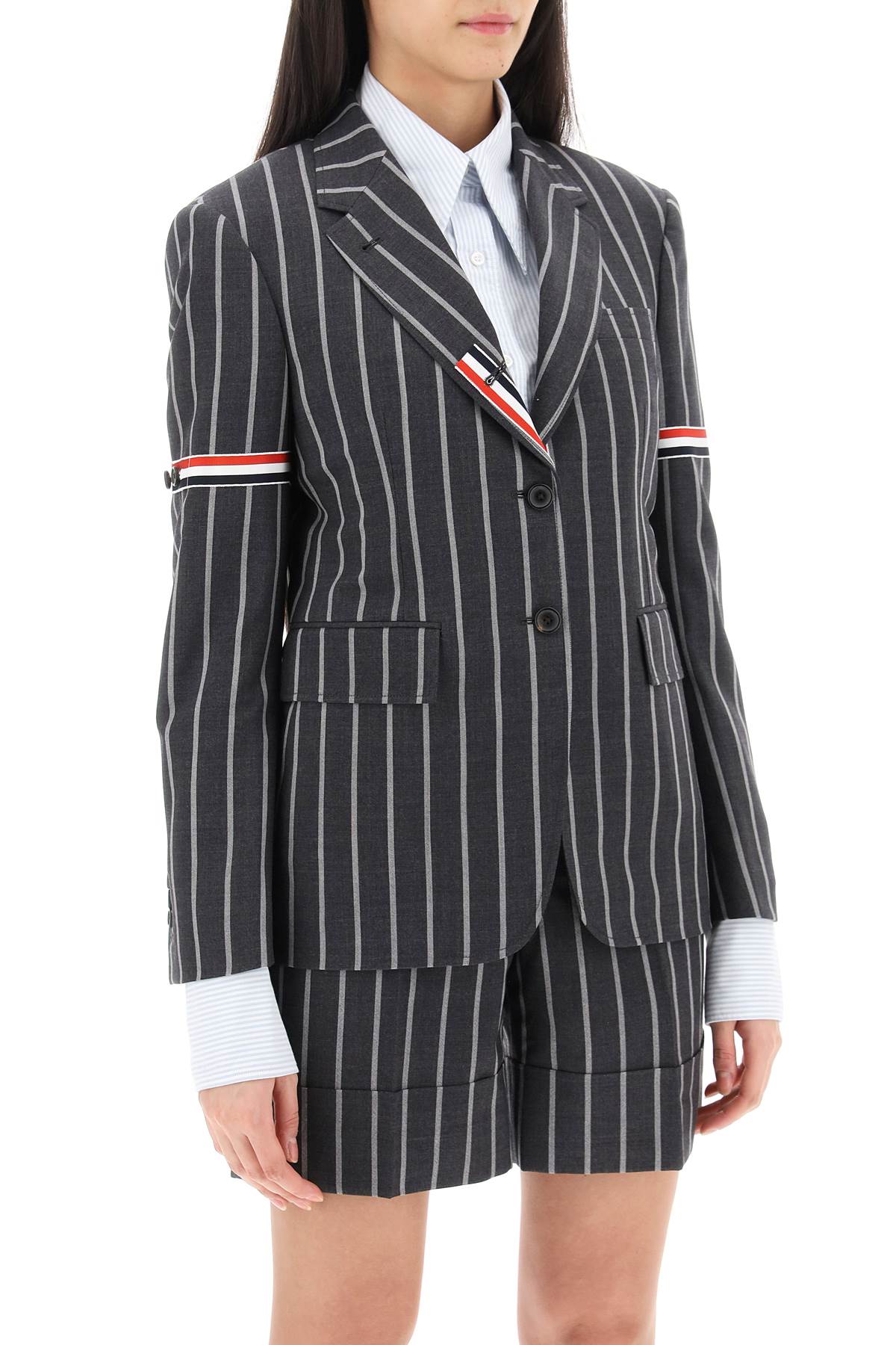 Thom Browne Striped Single Breasted Jacket   Grey