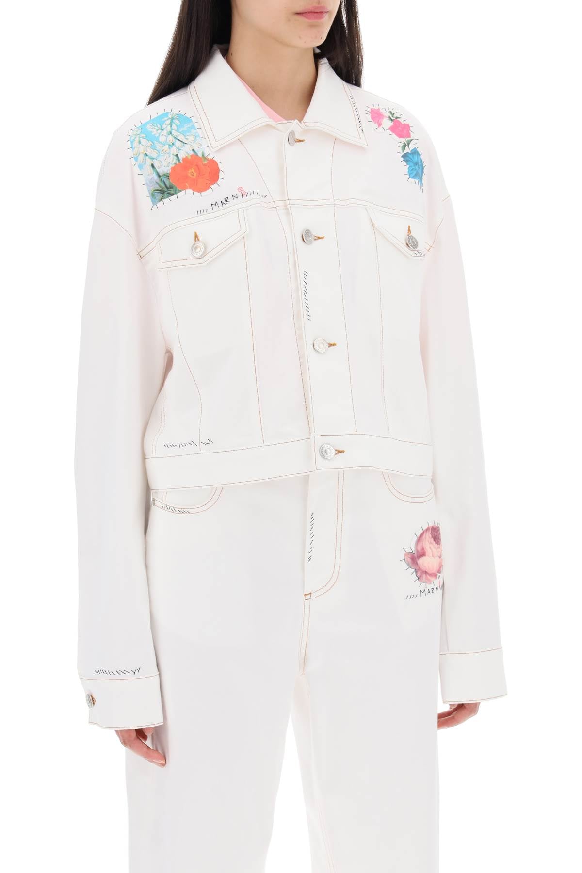 Marni Replace With Double Quotecropped Denim Jacket With Flower Patches And Embroideryreplace With Double Quote   White