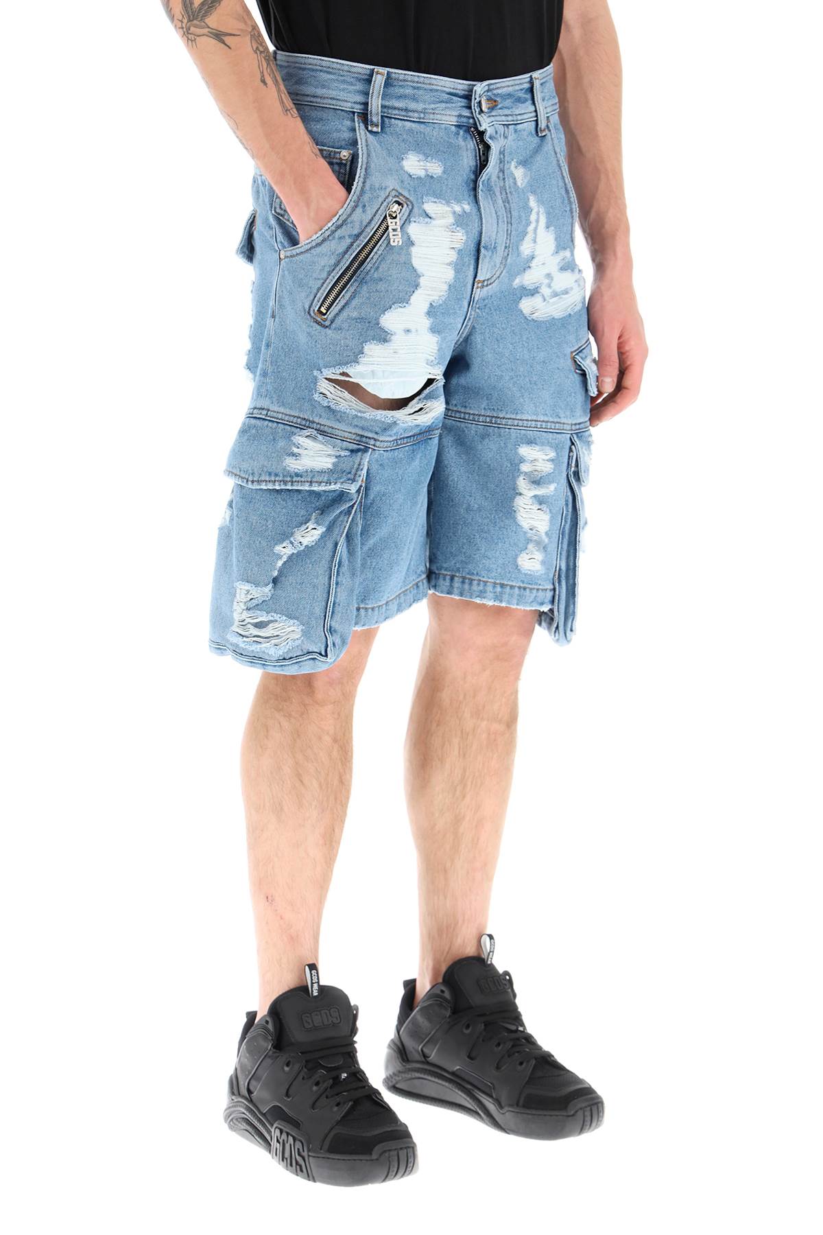 Gcds Ultracargo Destroyed Denim Shorts   Blue