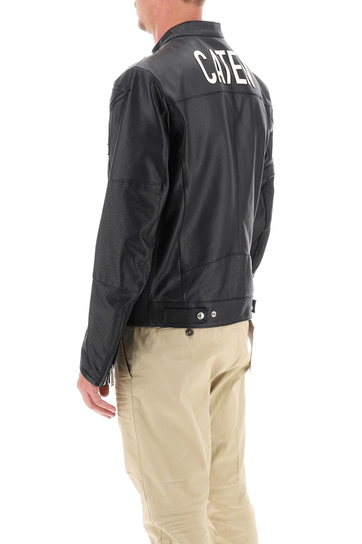 Dsquared2 Leather Biker Jacket With Contrasting Lettering   Black