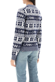 Ganni Jacquard Wool Sweater With Logo Pattern   White