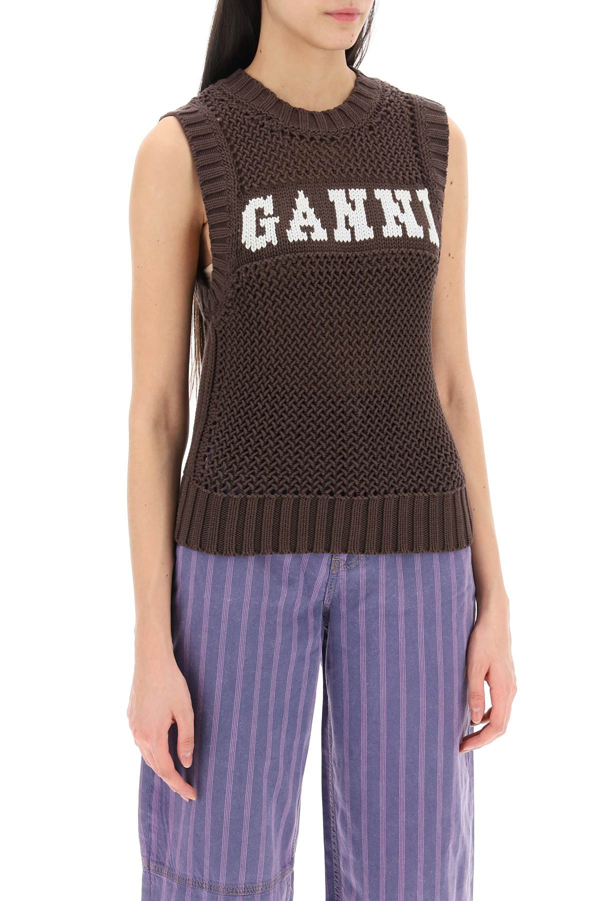 Ganni Open Stitch Knitted Vest With Logo   Brown