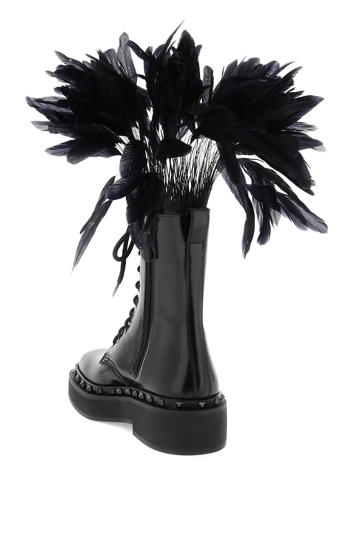 Valentino Garavani Leather M Way Rockstud Combat Boots With Feathers   Black