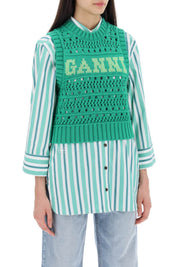 Ganni Open Stitch Knitted Vest With Logo   Green