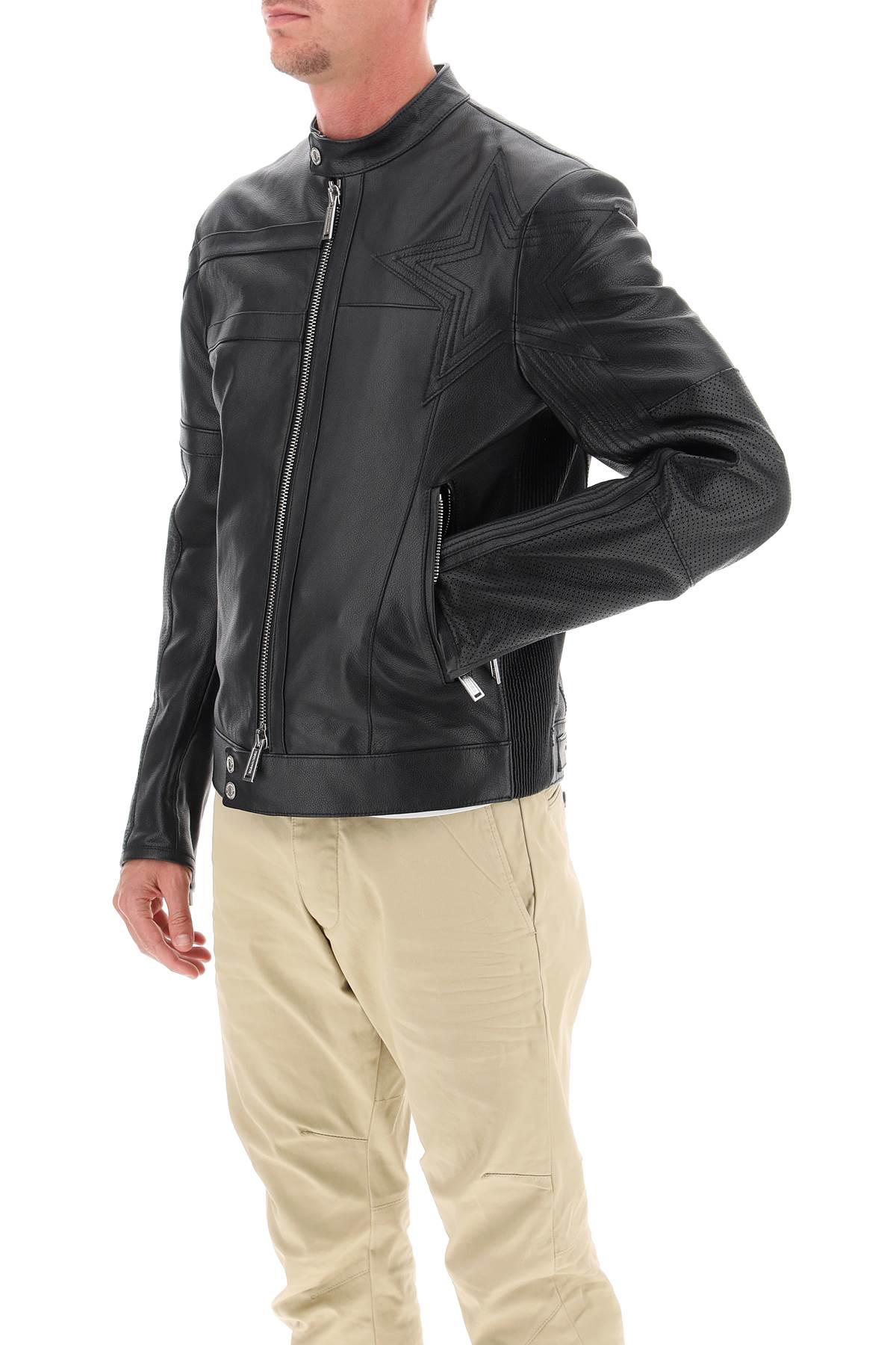 Dsquared2 Leather Biker Jacket With Contrasting Lettering   Black