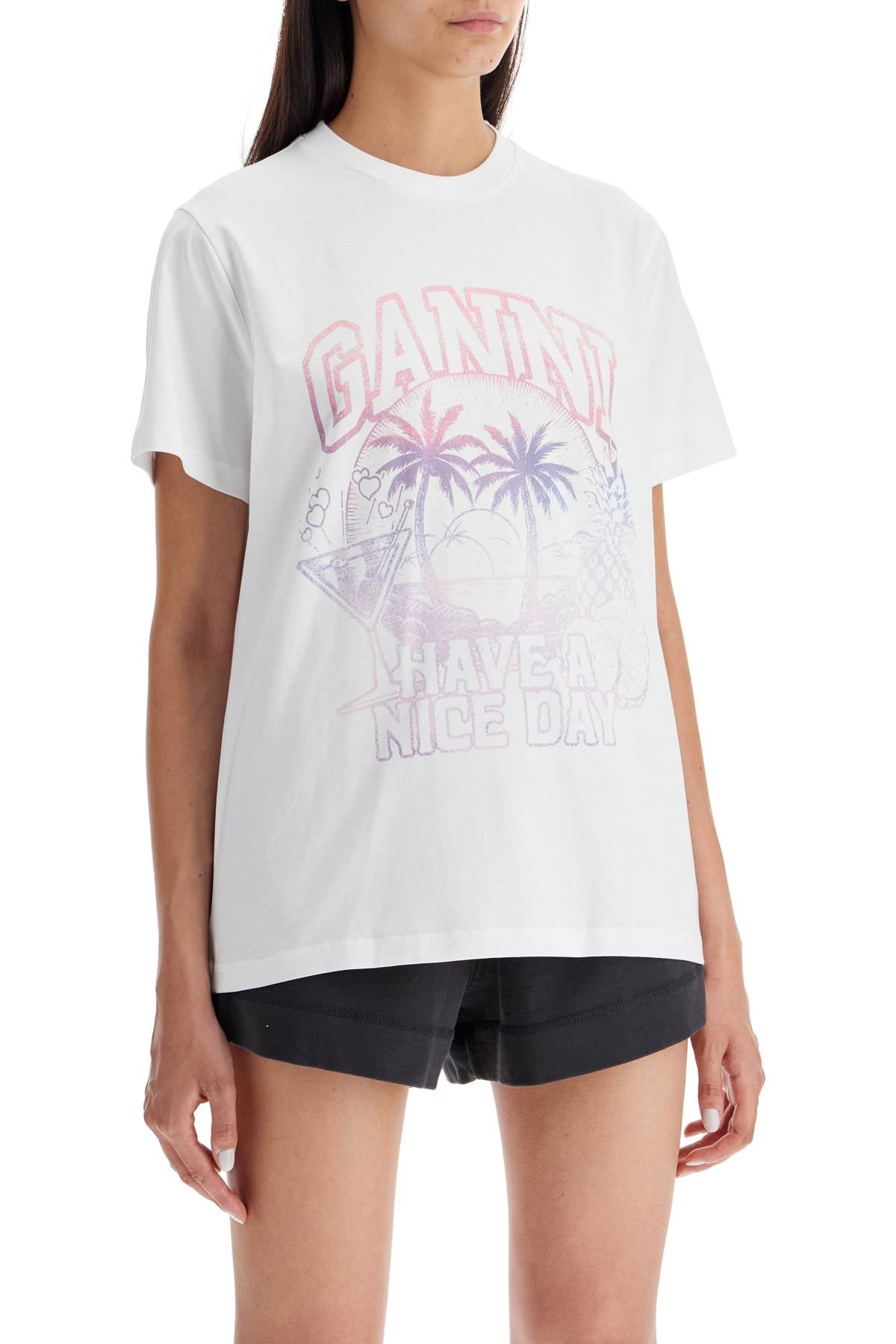 Ganni Printed Relaxed Fit T Shirt   White