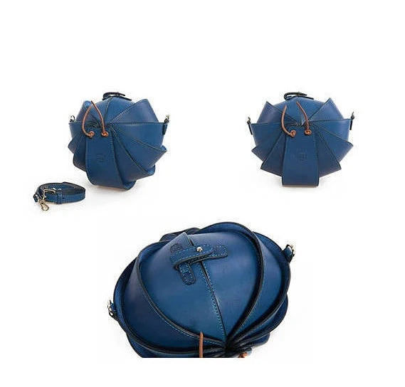 Small Round Beetle Bag | Blue Leather Crossbody